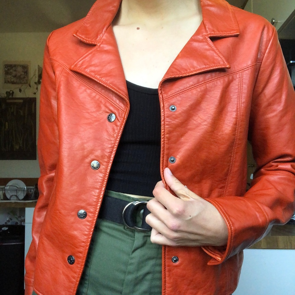 orange pu leather jacket